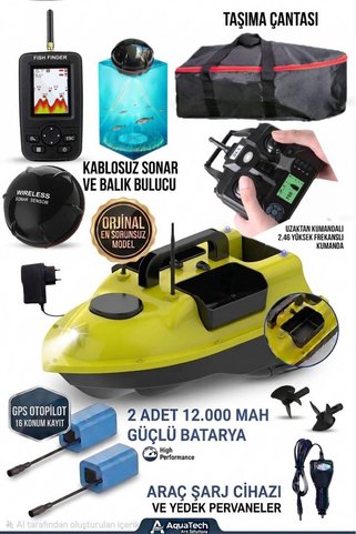 TEKNOBO Yemleme botu teknesi olta bırakma balık bulucu sonar gps otopilot 16 konum kayıt eve donus modu 2 adet batarya tasıma cantası arac sarj orjınal urun full set