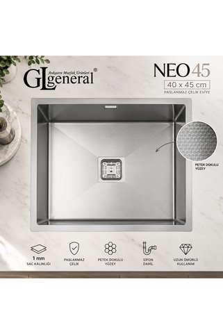 GL GENERAL General NEO 45 Paslanmaz Çelik Mutfak Eviyesi 40x45 cm Petek Dokulu 1 mm Tek Gözlü Kare Giderli Eviye + Sifon