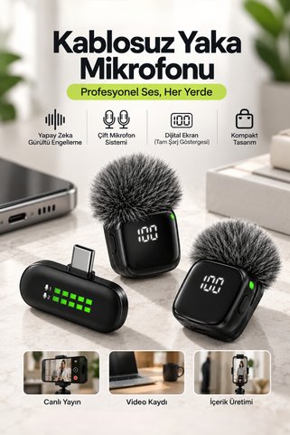 Yussraw Blic PRO++ BWC-09 Çift Kablosuz Yaka Mikrofonu Type-C, AI Gürültü Azaltma, Dijital Ekran, 6-7 Saat K