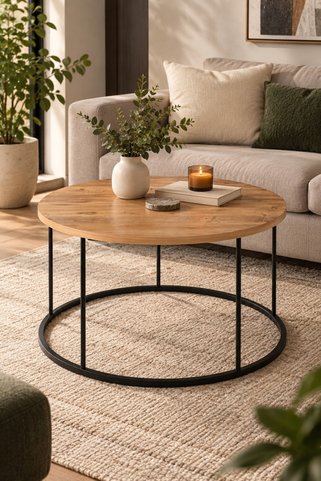 SuloraHome Ceviz Desenli Yuvarlak Orta Sehpa Siyah Metal Ayaklı