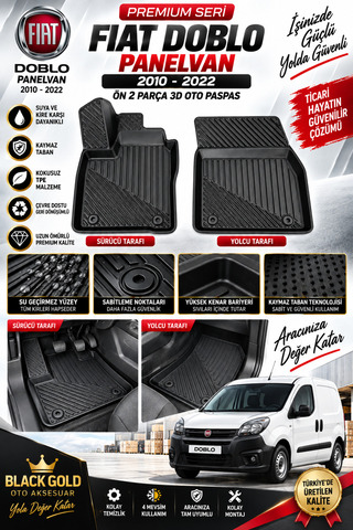 Black Gold Fiat Doblo Panelvan 2010-2022 Uyumlu Ön 2 Parça 3D TPE Oto Paspas – Araca Özel Tam Uyumlu Yüksek Kenarlı Havuzlu Kokusuz Kaymaz