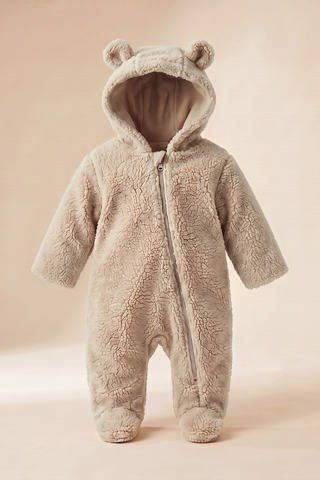 pofidoo baby Ayıcık Kulaklı Kuzu Peluş Bebek Astronot Tulum Kapüşonlu Fermuarlı Patikli Kışlık Unisex Kahve
