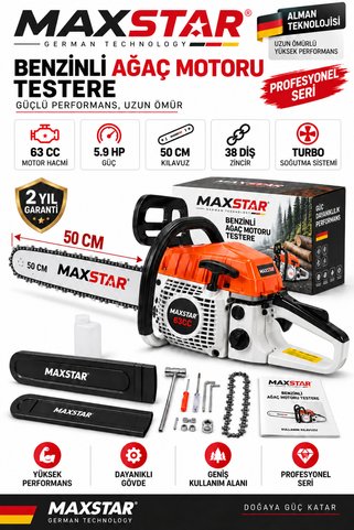 SUPERTURBO Maxstar 63 CC 5.9 HP Benzinli Motorlu Testere Ağaç Kesme Motoru 50 cm Kılavuz 38 Diş Zincir Hızar
