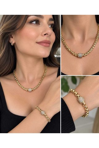 xUPING 14K Altın Kaplama, Kararmaz, VIP Tasarım, Silindir Detaylı Zincir Kolye ve Bileklik Seti