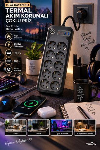 Munico Akım Korumalı Çoklayıcı Priz 8'li 2500W USB Type-C Ev Ofis Bilgisayar İçin