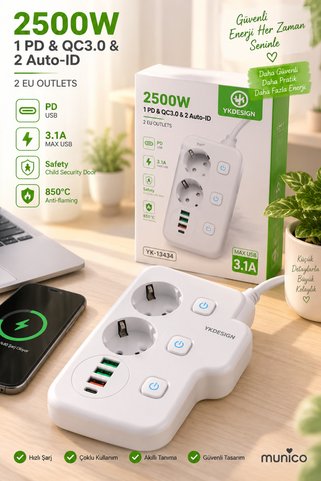 Munico USB ve Type-C Çıkışlı Çoklu Priz 2500W 2 Priz 5 Şarj Portlu Çocuk Korumalı Çoklayıcı