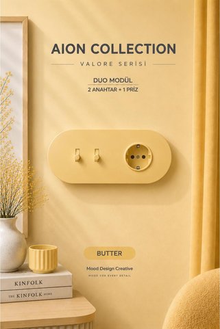 MoodDesign AION Collection-VALORE Series DUO MODÜL (BUTTER)/(2MODÜL BİRLEŞİMİ=(2ANAHTAR(1KOMİTATÖR)+1PRİZ) Oval Mat Tasarım Priz-Anahtar COVER/Premium Soft Renkler Serisi(YAĞ SARISI)
