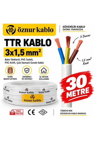 ÖZNUR 3x1,5 mm² TTR Beyaz Kablo 30 metre