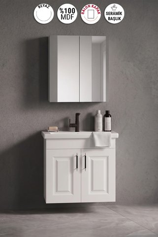 ÖZCEDEN Salkım 55 cm Beyaz Balon MDF Seramik Lavabolu Asma Banyo Dolabı Takımı