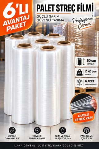 İYİBU 6'lı Palet Streç Film Palet Streci 50 cm 200 Metre 2 Kg Net Şeffaf Koli Eşya Sarma Paketleme Streci