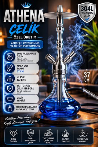 perfectmegastore Athena Çelik Nargile Takımı 37 cm Masa Boy 304L Paslanmaz Çelik Çelik Tepsili Tat Tutmaz Ser Borulu