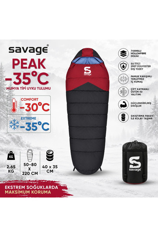 SAVAGE Kamp Uyku Tulumu - Peak - Bordo - Extreme -35C° - YS-535