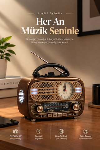 sonx Retro Radyo Bluetooth FM AM SW Solar Panel Şarjlı LED Fenerli Taşınabilir Saatli