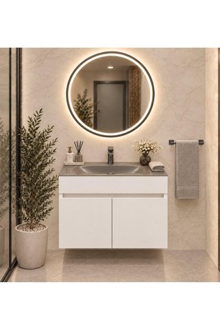 BENA Dandi Beyaz Cam Lavabolu MDF Banyo Dolabı 80 CM
