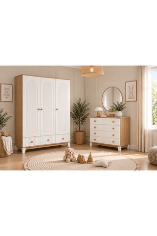Koza Bohem %100 MDF Ahşap Beyaz 3 Kapılı Dolap & Bohem %100 MDF Ahşap Beyaz 4 Çekmeceli Şifonyer