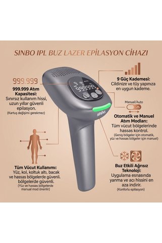 Sinbo IPL Buz Lazer Epilasyon Cihazı – 999.999 Atım & 9 Kademe Tüm Vücut Uyumlu Epilasyon Aleti