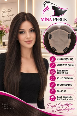 Mina Peruk Komple Tığ İşçiliği Ön Kısmı Ekstra Tül Koyu Kestane Baby Taban Tepelik - 15x17cm - 2