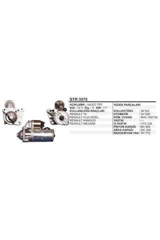 Dodo DD.STR3075 Mars Motoru Valeo D7R 12V 11D 1.7 Kw R19 Clio Dizel Reno Trafic Opel Vivaro 1.9 Cdti Pj