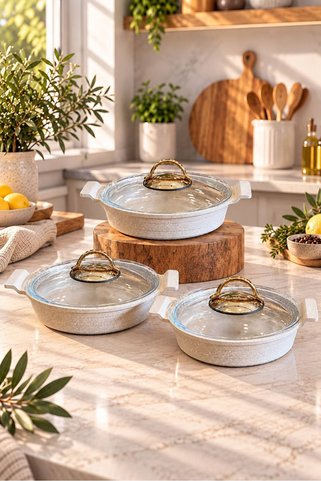 LAVONNI Everest 6 Parça Döküm Sahan Seti Cappucıno | 18-20-22 cm Cam Kapaklı Yapışmaz Granit Sahan Takımı | Eşit Isı Dağılımı | Çeyizlik