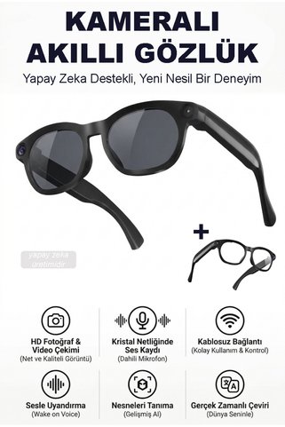 TECHNOM Akıllı Yapay Zeka Destekli Kameralı Gözlük - 1080P HD Video Kayıt, Canlı Yayın Desteği, Sesli Canlı Çeviri & Bluetooth Müzik ve Görüşme