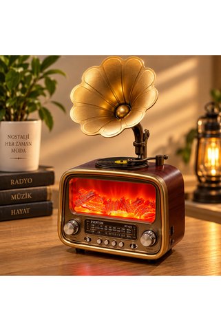 BLOMSTER Everton RT-422 Şömine Görünümlü Gramofonlu Retro Radyo | Şömine Efekti ve Sesli Nostaljik Tasarım