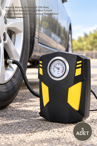 Yenilig 3 Adet Profesyonel Analog Hava Kompresörü – Analog Basınç Göstergeli 12V Araç Çakmaklık Beslemeli LED Mini Fenerli Lastik Şişirme Air Compressor Tire Inflator