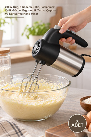Yenilig 3 Adet El Mikseri – 200W Güç, 5 Kademeli Hız, Paslanmaz Çelik Gövde, Ergonomik Tutuş, Çırpma Ve Karıştırma Hand Mixer