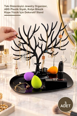 Yenilig 3 Adet Geyik Tasarımlı Takı Standı – Takı Düzenleyici Jewelry Organizer, ABS Plastik Siyah, Kolye Bilezik Küpe Yüzük İçin Dekoratif Stand