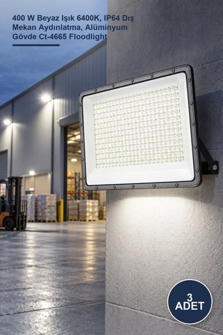 Yenilig 3 Adet Slim LED Projektör – 400 W Beyaz Işık 6400K, IP64 Dış Mekan Aydınlatma, Alüminyum Gövde Ct-4665 Floodlight