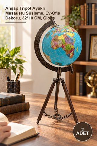 Yenilig 2 Adet Dekoratif Dünya Küresi – Ahşap Tripot Ayaklı Masaüstü Süsleme, Ev-Ofis Dekoru, 32*10 CM, Globe