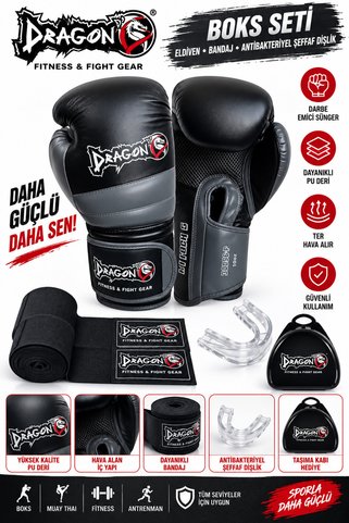 Dragondo Dragon Attack 6 Boks Eldiveni Kick Boks Muay Thai Boks Eldiveni Bandaj  Ve Dişlik 3'lü Set