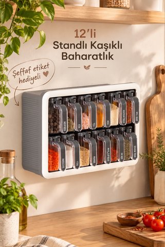 Porsima 1118 12li Standlı Etiketli Kendinden Yapışkanlı Kaşıklı Kapaklı Baharatlık Saklama Kabı Seti
