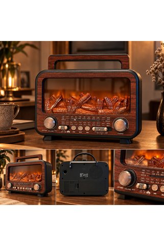 NB Concept Retro Bluetooth Radyo Şömine Efektli Kablosuz Hoparlör FM AM SW USB TF MP3 Solar Şarjlı