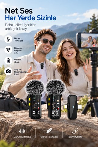 Eco Lounge 2.4G Kablosuz Çift Mikrofonlu Yaka Mikrofonu İçerik Üretim Seti