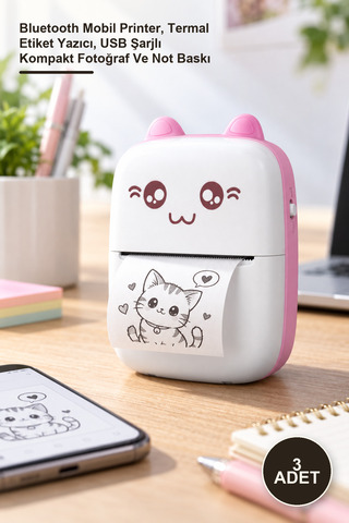 Yenilig 3 Adet Mini Taşınabilir Yazıcı – Bluetooth Mobil Printer, Termal Etiket Yazıcı, USB Şarjlı Kompakt Fotoğraf Ve Not Baskı