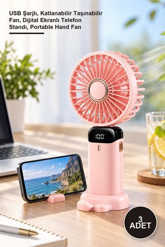 Yenilig 3 Adet El Fanı – USB Şarjlı, Katlanabilir Taşınabilir Fan, Dijital Ekranlı Telefon Standı, Portable Hand Fan