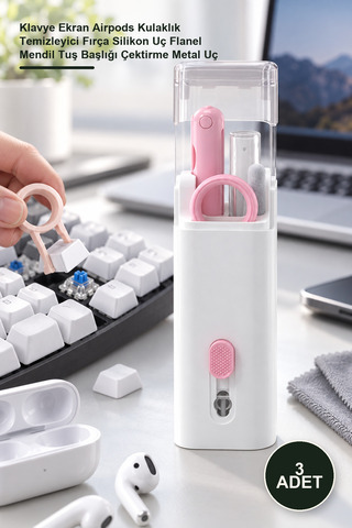 Yenilig 3 Adet Çok Fonksiyonlu 7 In 1 Temizleme Kiti – Klavye Ekran Airpods Kulaklık Temizleyici Fırça Silikon Uç Flanel Mendil Tuş Başlığı Çektirme Metal Uç