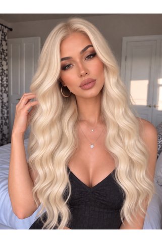Lulu Bella Kadın Platin Sarı Su Dalgalı Perçemsiz Tül Peruk - 70 cm Lace Front Serisi 1. Kalite Isıya Dayanıklı Fiber Sentetik Saç