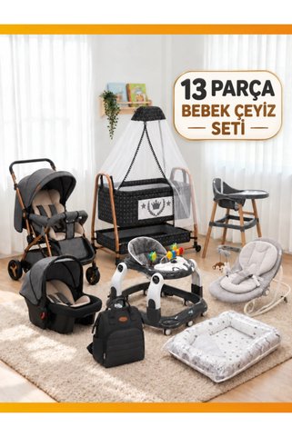 modabebekler 13 Parça Çeyiz Seti Çift Yönlü Travel Bebek Arabası Anne Yanı Sallanır Sabitlenir Beşik - Yeni Doğan
