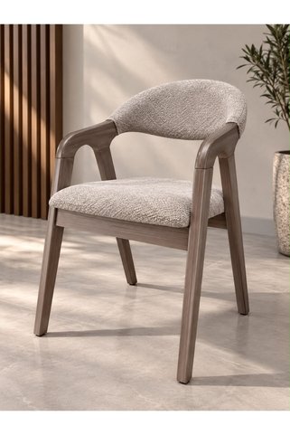 meva Modern Ahşap Kollu Sandalye – Boucle Kumaşlı Ergonomik Tasarım