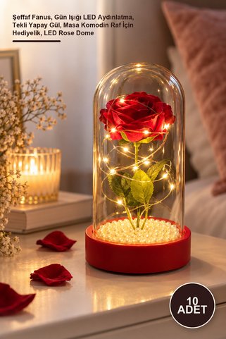 Yenilig 10 Adet İncili Ledli Gül Fanus – Şeffaf Fanus, Gün Işığı LED Aydınlatma, Tekli Yapay Gül, Masa Komodin Raf İçin Hediyelik, LED Rose Dome