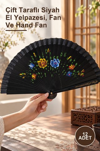 Yenilig 12 Adet Bambu Yelpaze – Çift Taraflı Siyah El Yelpazesi, Fan Ve Hand Fan