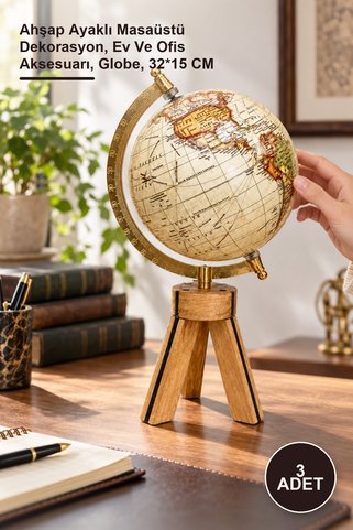 Yenilig 3 Adet Dekoratif Dünya Küresi – Ahşap Ayaklı Masaüstü Dekorasyon, Ev Ve Ofis Aksesuarı, Globe, 32*15 CM