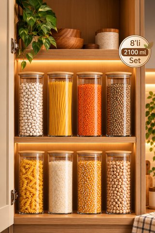 Porsima 4-4 Bambu Vakumlu Kapaklı Yuvarlak Borosilikat Cam 8li Kavanoz Seti Saklama Kabı 2100ml 10x30cm