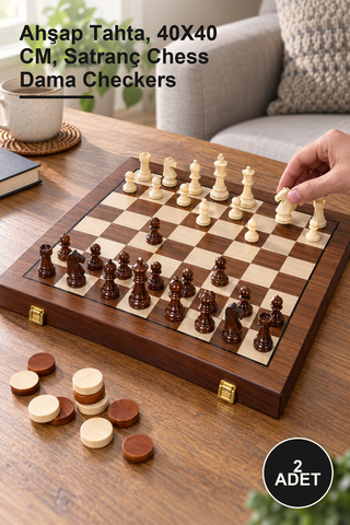 Yenilig 2 Adet Ahşap Mıknatıslı Hazneli Satranç Ve Dama Seti – Ahşap Tahta, 40X40 CM, Satranç Chess Dama Checkers
