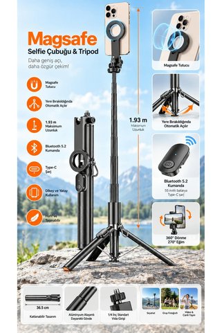 Asfal Magsafe Uyumlu 193 CM Selfie Çubuğu Otomatik Açılan Bluetooth Kumandalı Taşınabilir Tripod