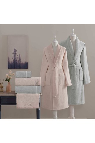 Taç Helena Pure Cotton Nakışlı Pamuk 6'lı Aile Seti Somon-Gri
