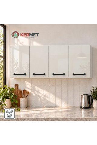 KermetHome 120 cm %100 MDF Mutfak Üst Dolabı 4 Kapaklı Raflı Dafne