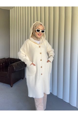 Nes Moda Kadın Cep Detaylı Düğmeli Angora Tesettür Triko Tunik Hırka