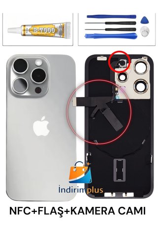 indirimplus iPhone 15 PRO MAX Arka Kapak Pil Kapağı Cam Ürün Natürel Titanyum RENK İLANI